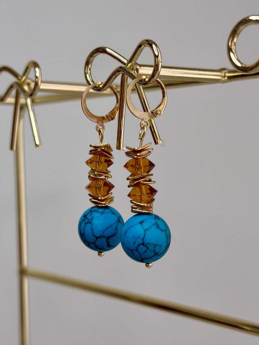 Handmade by Fynn Gold-Tone Turquoise Howlite and Amber Crystal Dangle Earrings - Picture 6 of 6